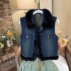 Mixit Dark Denim Vest with Black Faux Fur Trim
